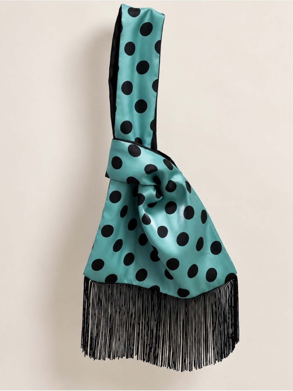 Teal Polka Dot Door Hanging Bag with Black Fringe